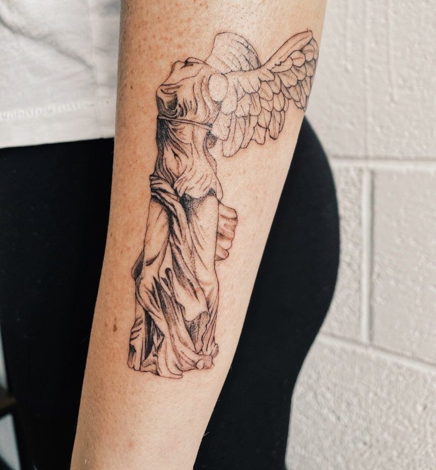 Tattoo uploaded by Jesus Antonio  Winged Victory  Angel Tattoo   Illustrative tattoo by Jesus Antonio JesusAntonio illustrative fineline  chicano blackandgrey angel wing nike sculpture samothrace  Tattoodo